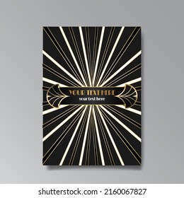 Art Deco template golden-black white, A4 page, menu, card, invitation, Sun and city lights in a Art DecoArt Nuevo style, beautiful background, luxury invite. Retro mystic and occult flyer