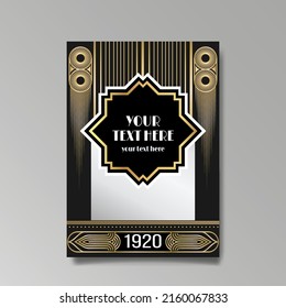 Art Deco template golden-black white, A4 page, menu, card, invitation, Sun and city lights in a Art DecoArt Nuevo style, beautiful background, luxury invite. Retro mystic and occult flyer