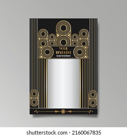 Art Deco template golden-black white, A4 page, menu, card, invitation, Sun and city lights in a Art DecoArt Nuevo style, beautiful background, luxury invite. Retro mystic and occult flyer