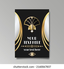 Art Deco template golden-black white, A4 page, menu, card, invitation, Sun and city lights in a Art DecoArt Nuevo style, beautiful background, luxury invite. Retro mystic and occult flyer