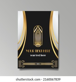 Art-Deco-Vorlage goldschwarz weiß, A4-Seite, Menü, Karte, Einladung, Sonne und Stadtlampen in einem Art DecoArt Nuevo Stil, schöner Hintergrund, Luxus-Einladung. Retro mystischer und okkulter Flyer