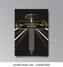 Art Deco template golden-black white, A4 page, menu, card, invitation, Sun and city lights in a Art DecoArt Nuevo style, beautiful background, luxury invite. Retro mystic and occult flyer