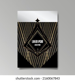 Art Deco template golden-black white, A4 page, menu, card, invitation, Sun and city lights in a Art DecoArt Nuevo style, beautiful background, luxury invite. Retro mystic and occult flyer