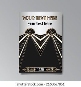 Art Deco template golden-black white, A4 page, menu, card, invitation, Sun and city lights in a Art DecoArt Nuevo style, beautiful background, luxury invite. Retro mystic and occult flyer