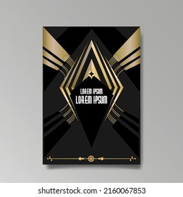 Art Deco template golden-black white, A4 page, menu, card, invitation, Sun and city lights in a Art DecoArt Nuevo style, beautiful background, luxury invite. Retro mystic and occult flyer