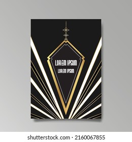 Art Deco template golden-black white, A4 page, menu, card, invitation, Sun and city lights in a Art DecoArt Nuevo style, beautiful background, luxury invite. Retro mystic and occult flyer