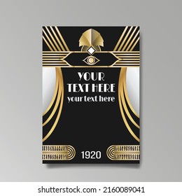 Art Deco template golden-black white, A4 page, menu, card, invitation, Sun and city lights in a Art Deco and Art Nuevo style, beautiful background, luxury invite. Retro mystic and occult flyer