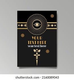 Art Deco template golden-black white, A4 page, menu, card, invitation, Sun and city lights in a Art Deco and Art Nuevo style, beautiful background, luxury invite. Retro mystic and occult flyer