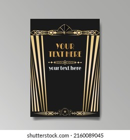 Art Deco template golden-black white, A4 page, menu, card, invitation, Sun and city lights in a Art Deco and Art Nuevo style, beautiful background, luxury invite. Retro mystic and occult flyer