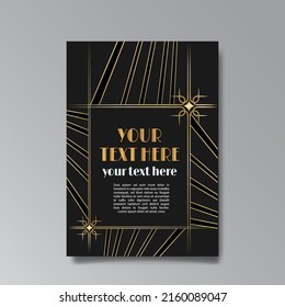 Art Deco template golden-black white, A4 page, menu, card, invitation, Sun and city lights in a Art Deco and Art Nuevo style, beautiful background, luxury invite. Retro mystic and occult flyer