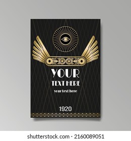 Art Deco template golden-black white, A4 page, menu, card, invitation, Sun and city lights in a Art Deco and Art Nuevo style, beautiful background, luxury invite. Retro mystic and occult flyer