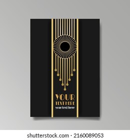 Art Deco template golden-black white, A4 page, menu, card, invitation, Sun and city lights in a Art Deco and Art Nuevo style, beautiful background, luxury invite. Retro mystic and occult flyer