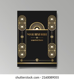 Art Deco template golden-black white, A4 page, menu, card, invitation, Sun and city lights in a Art Deco and Art Nuevo style, beautiful background, luxury invite. Retro mystic and occult flyer