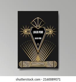 Art Deco template golden-black white, A4 page, menu, card, invitation, Sun and city lights in a Art Deco and Art Nuevo style, beautiful background, luxury invite. Retro mystic and occult flyer