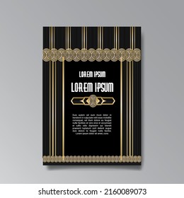 Art Deco template golden-black white, A4 page, menu, card, invitation, Sun and city lights in a Art Deco and Art Nuevo style, beautiful background, luxury invite. Retro mystic and occult flyer