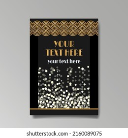 Art Deco template golden-black white, A4 page, menu, card, invitation, Sun and city lights in a Art Deco and Art Nuevo style, beautiful background, luxury invite. Retro mystic and occult flyer