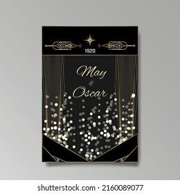 Art Deco template golden-black white, A4 page, menu, card, invitation, Sun and city lights in a Art Deco and Art Nuevo style, beautiful background, luxury invite. Retro mystic and occult flyer