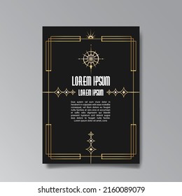 Art Deco template golden-black white, A4 page, menu, card, invitation, Sun and city lights in a Art Deco and Art Nuevo style, beautiful background, luxury invite. Retro mystic and occult flyer