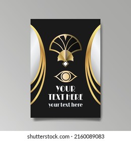 Art Deco template golden-black white, A4 page, menu, card, invitation, Sun and city lights in a Art Deco and Art Nuevo style, beautiful background, luxury invite. Retro mystic and occult flyer