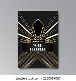 Art Deco template golden-black white, A4 page, menu, card, invitation, Sun and city lights in a Art Deco and Art Nuevo style, beautiful background, luxury invite. Retro mystic and occult flyer