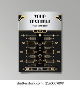 Art Deco template golden-black white, A4 page, menu, card, invitation, Sun and city lights in a Art DecoArt Nuevo style, beautiful background, luxury invite. Retro mystic and occult flyer