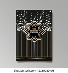 Art Deco template golden-black white, A4 page, menu, card, invitation, Sun and city lights in a Art DecoArt Nuevo style, beautiful background, luxury invite. Retro mystic and occult flyer