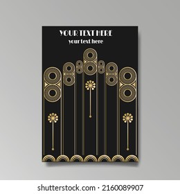 Art Deco template golden-black white, A4 page, menu, card, invitation, Sun and city lights in a Art DecoArt Nuevo style, beautiful background, luxury invite. Retro mystic and occult flyer