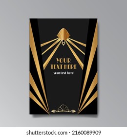 Art Deco template golden-black white, A4 page, menu, card, invitation, Sun and city lights in a Art DecoArt Nuevo style, beautiful background, luxury invite. Retro mystic and occult flyer