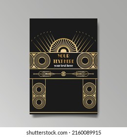 Art Deco template golden-black white, A4 page, menu, card, invitation, Sun and city lights in a Art DecoArt Nuevo style, beautiful background, luxury invite. Retro mystic and occult flyer