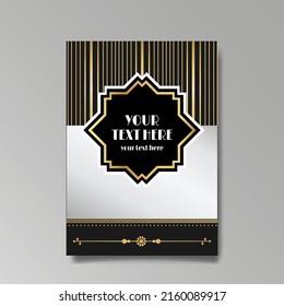 Art Deco template golden-black white, A4 page, menu, card, invitation, Sun and city lights in a Art DecoArt Nuevo style, beautiful background, luxury invite. Retro mystic and occult flyer