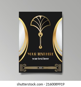 Art Deco template golden-black white, A4 page, menu, card, invitation, Sun and city lights in a Art DecoArt Nuevo style, beautiful background, luxury invite. Retro mystic and occult flyer