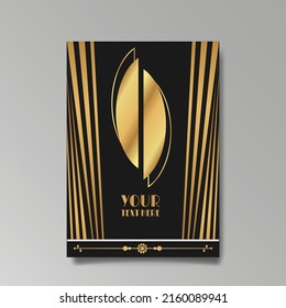 Art Deco template golden-black white, A4 page, menu, card, invitation, Sun and city lights in a Art DecoArt Nuevo style, beautiful background, luxury invite. Retro mystic and occult flyer