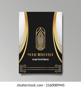 Art Deco template golden-black white, A4 page, menu, card, invitation, Sun and city lights in a Art DecoArt Nuevo style, beautiful background, luxury invite. Retro mystic and occult flyer