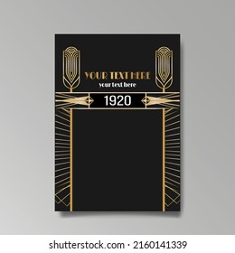 Art Deco template golden-black white, A4 page, menu, card, invitation, Sun and city lights in a Art DecoArt Nuevo style, beautiful background, luxury invite. Retro mystic and occult flyer