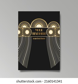 Art-Deco-Vorlage goldschwarz weiß, A4-Seite, Menü, Karte, Einladung, Sonne und Stadtlampen in einem Art DecoArt Nuevo Stil, schöner Hintergrund, Luxus-Einladung. Retro mystischer und okkulter Flyer