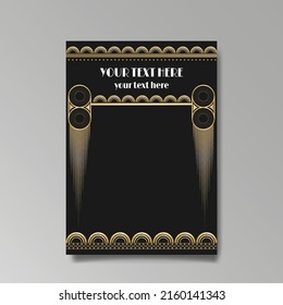 Art Deco template golden-black white, A4 page, menu, card, invitation, Sun and city lights in a Art DecoArt Nuevo style, beautiful background, luxury invite. Retro mystic and occult flyer