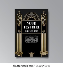 Art Deco template golden-black white, A4 page, menu, card, invitation, Sun and city lights in a Art DecoArt Nuevo style, beautiful background, luxury invite. Retro mystic and occult flyer