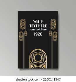 Art Deco template golden-black white, A4 page, menu, card, invitation, Sun and city lights in a Art DecoArt Nuevo style, beautiful background, luxury invite. Retro mystic and occult flyer