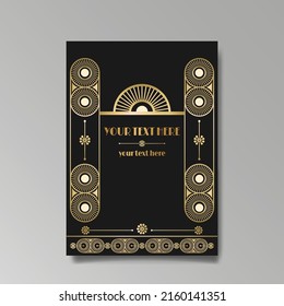 Art Deco template golden-black white, A4 page, menu, card, invitation, Sun and city lights in a Art DecoArt Nuevo style, beautiful background, luxury invite. Retro mystic and occult flyer