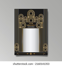 Art Deco template golden-black white, A4 page, menu, card, invitation, Sun and city lights in a Art DecoArt Nuevo style, beautiful background, luxury invite. Retro mystic and occult flyer