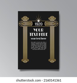 Art Deco template golden-black white, A4 page, menu, card, invitation, Sun and city lights in a Art DecoArt Nuevo style, beautiful background, luxury invite. Retro mystic and occult flyer