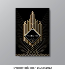 Art Deco template  luxury golden-black, A4 page, menu, card, invitation, Sun and city lights in a Art Deco/Art Nuvo style, geometric  elegant retro beautiful background.  