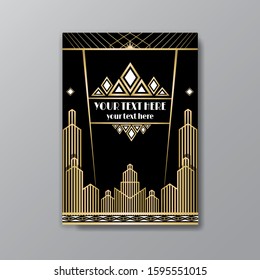 Art Deco template  luxury golden-black, A4 page, menu, card, invitation, Sun and city lights in a Art Deco/Art Nuvo style, geometric  elegant retro beautiful background.  