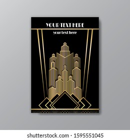 Art Deco template  luxury golden-black, A4 page, menu, card, invitation, Sun and city lights in a Art Deco/Art Nuvo style, geometric  elegant retro beautiful background.  