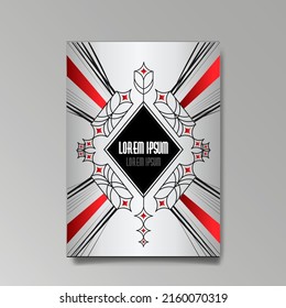 Art Deco template silver-black and red, A4 page, menu, card, invitation, Sun and city lights in a vampire style, beautiful background, luxury invite. Retro mystic and occult flyer,  floral pattern