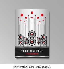 Art Deco template silver-black and red, A4 page, menu, card, invitation, Sun and city lights in a vampire style, beautiful background, luxury invite. Retro mystic and occult flyer,  floral pattern