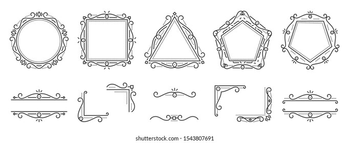 Art deco text frame, monogram, divider, corner set. Fancy elegant wedding decor. Style ornament, geometric element. Square, triangle, rhombus, pentagon, border letter frames Design Vector illustration