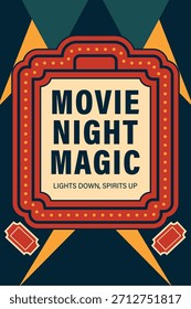 Marco de estilo de boleto art deco con audaz magia de la noche de películas de título que invita a los espectadores a una noche de cine.