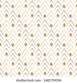 Art deco trellis lines seamless pattern vector graphic design. Geometric art deco wallpaper interior repeating pattern with gold lines shapes on white. Vintage royal style.