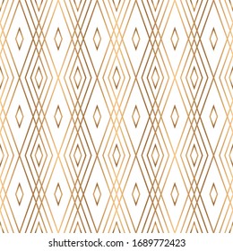 Art deco trellis lines seamless pattern vector graphic design. Geometric art deco wallpaper interior repeating pattern with gold lines shapes on white. Vintage royal style.